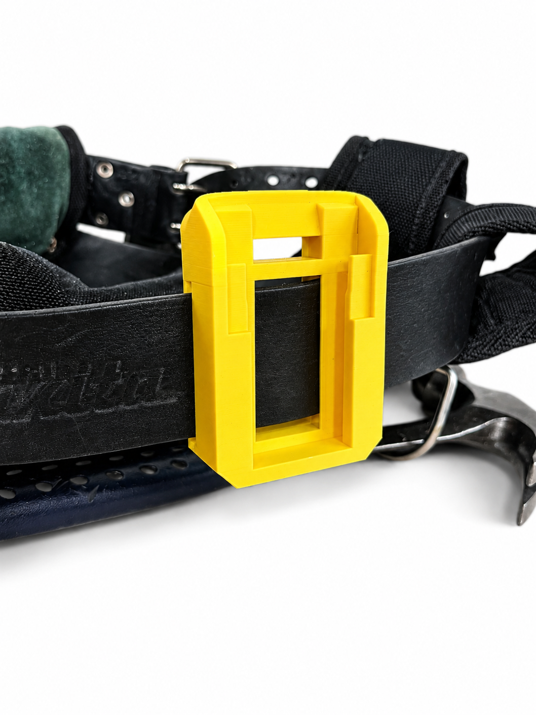 Black belt with a yellow DeWalt 18v battery holder on a white background
