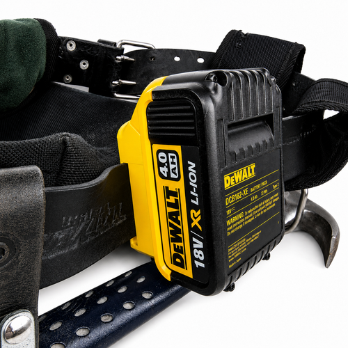 DeWalt battery pack attached to a tool belt on a white background