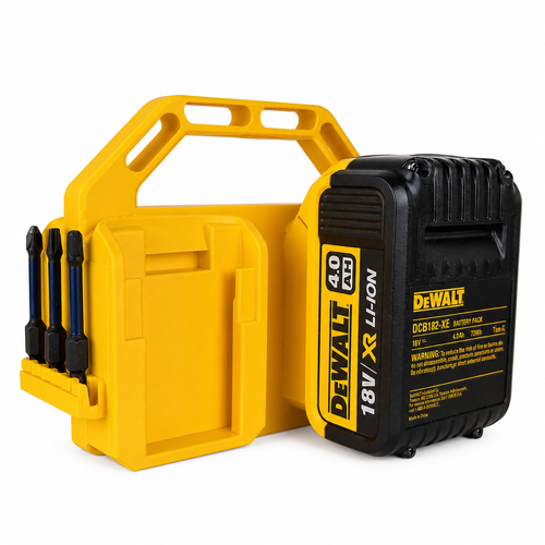 DeWalt battery pack with yellow carrying case and drill bits on a white background