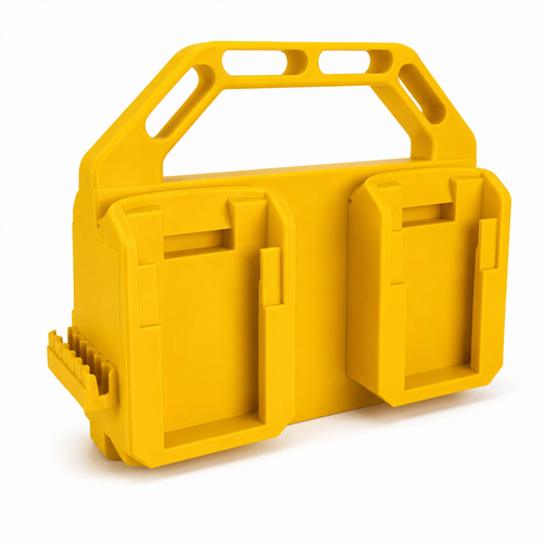 Yellow DeWalt battery holder on a white background