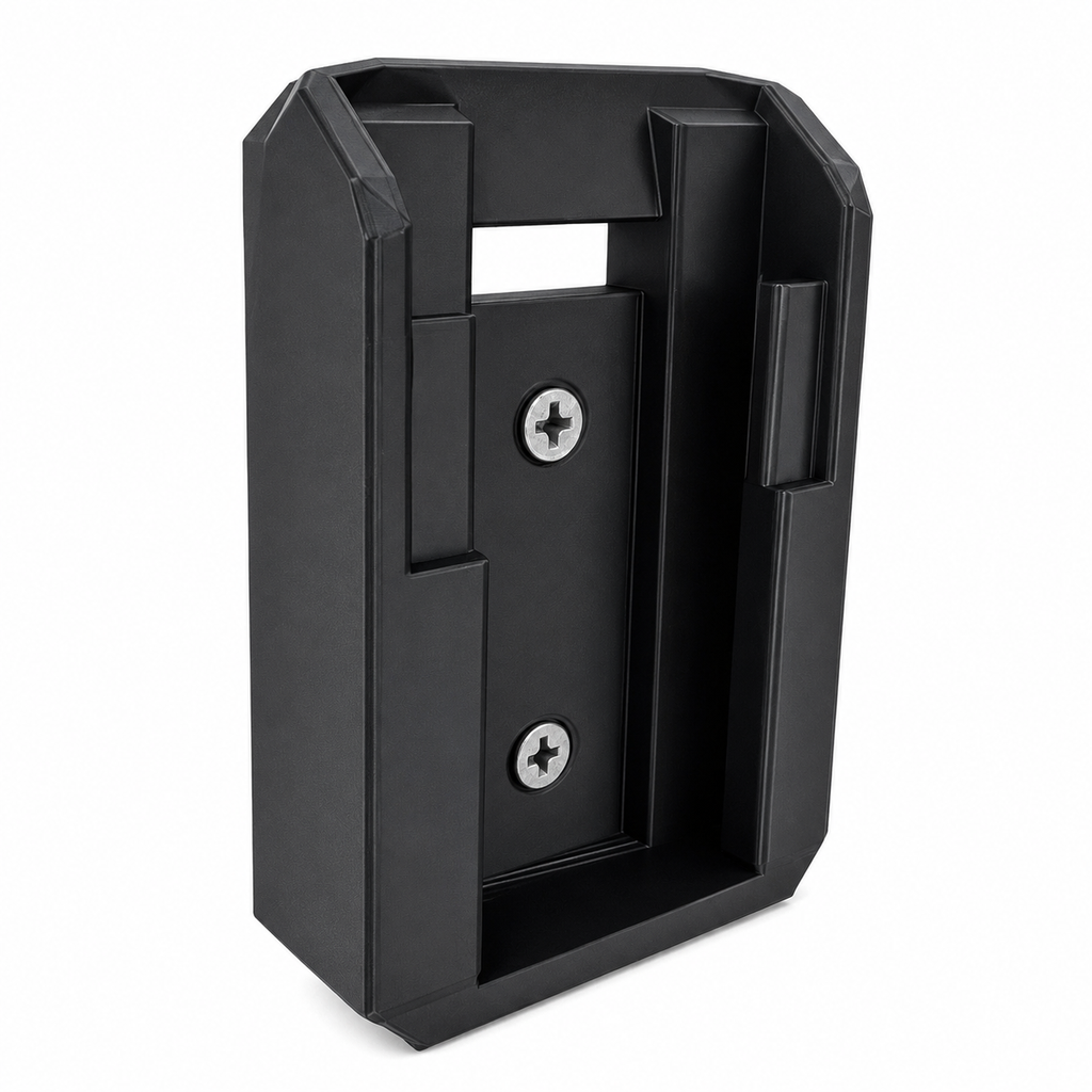 Black DeWalt plastic bracket with mounting holes on a white background