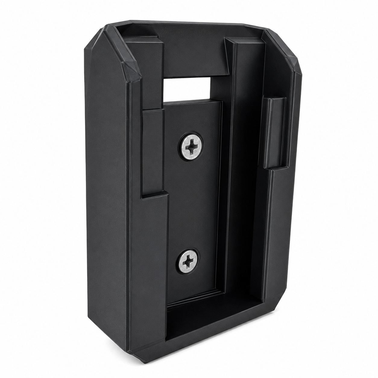 Black DeWalt plastic bracket with mounting holes on a white background