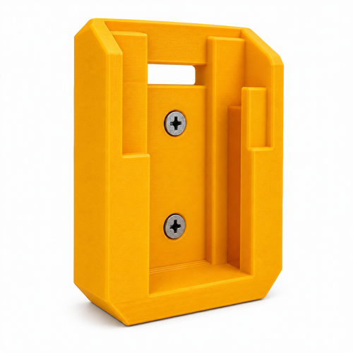 Yellow DeWalt plastic bracket with two screws on a white background