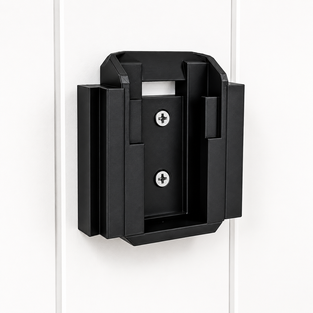 Black DeWalt battery holder on a white background