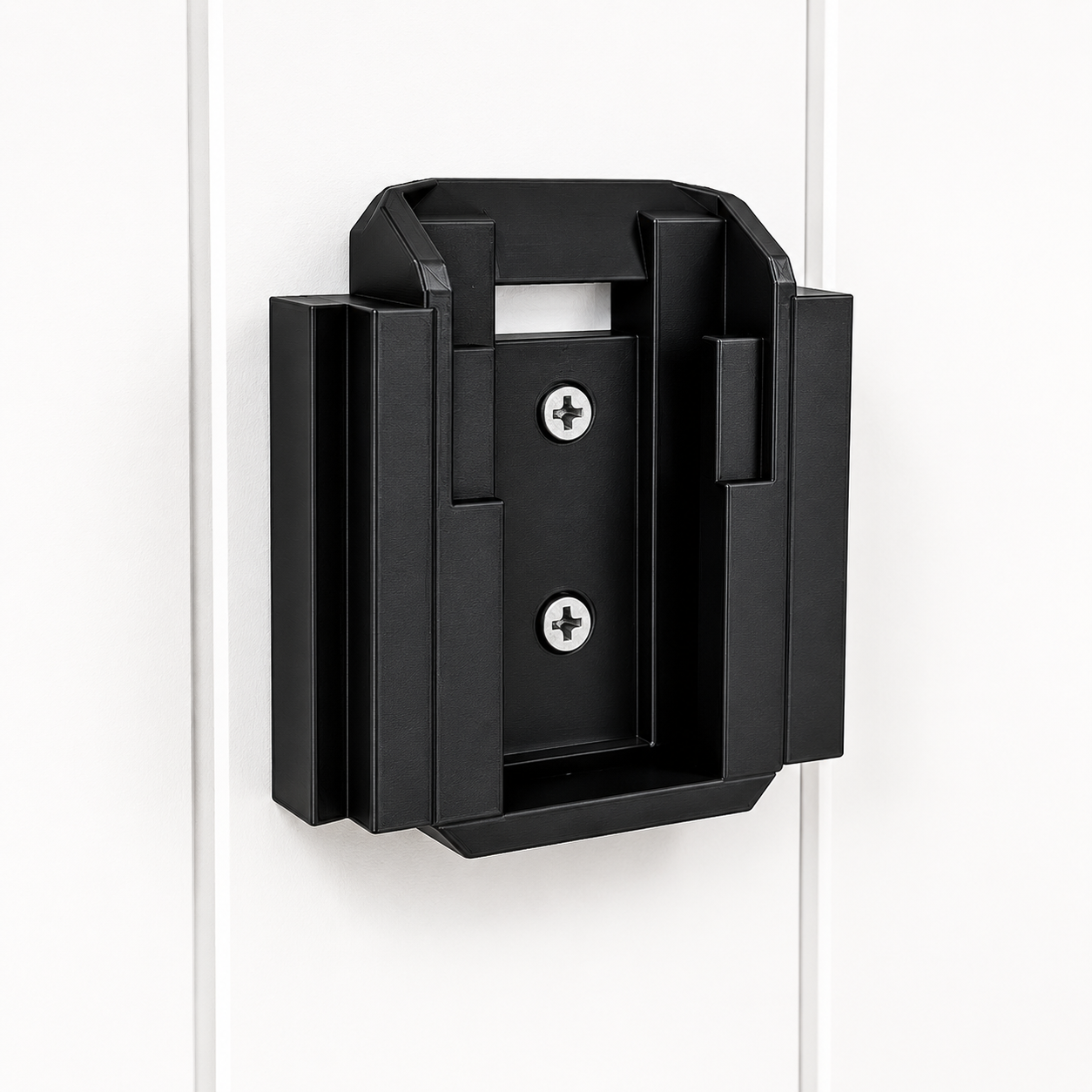 Black DeWalt battery holder on a white background