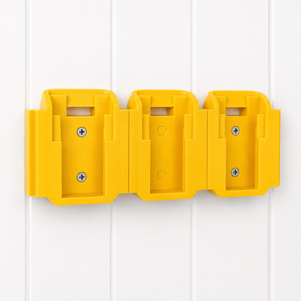 Yellow DeWalt plastic battery holders with multiple compartments on a white background