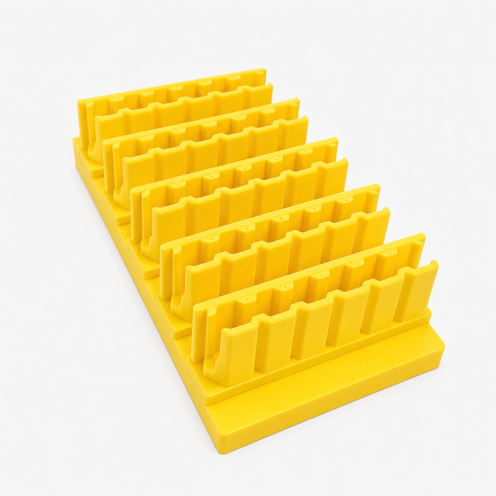 Yellow plastic drill and impact driver bit organizer with multiple compartments on a white background