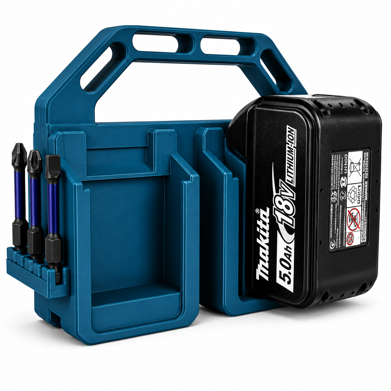 Blue Makita tool carrier with Makita battery and drill bits on a white background