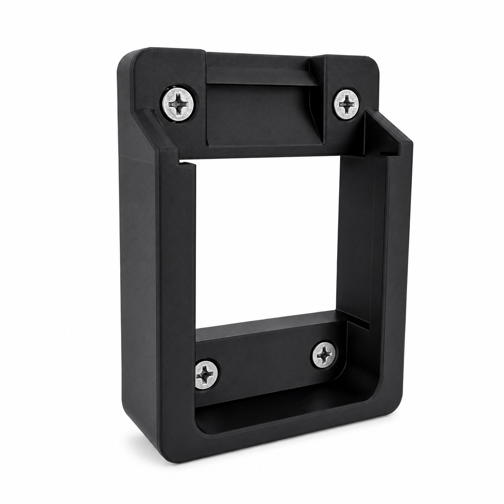 Black Makita bracket with screws on a white background