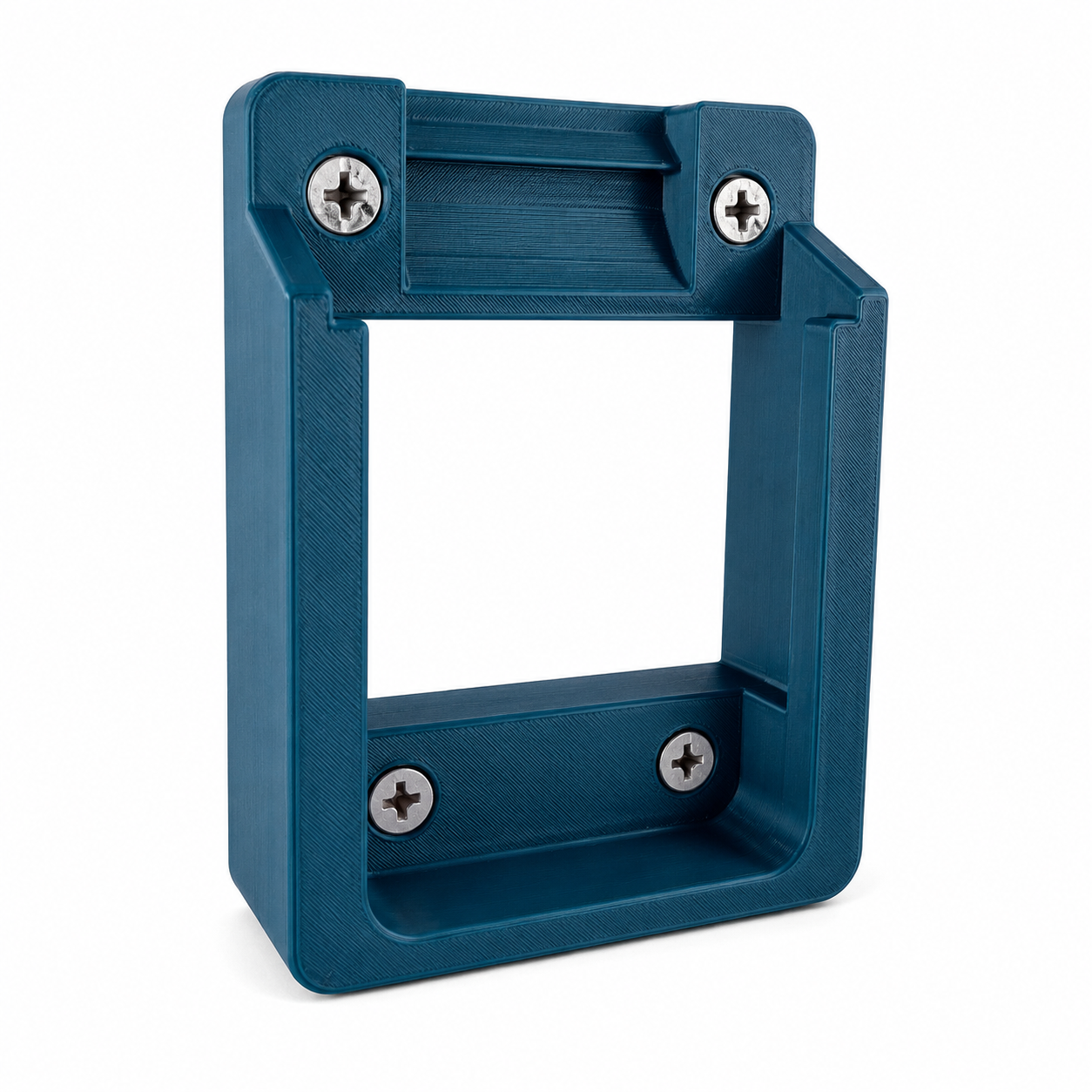 Blue Makita plastic bracket with screws on a white background