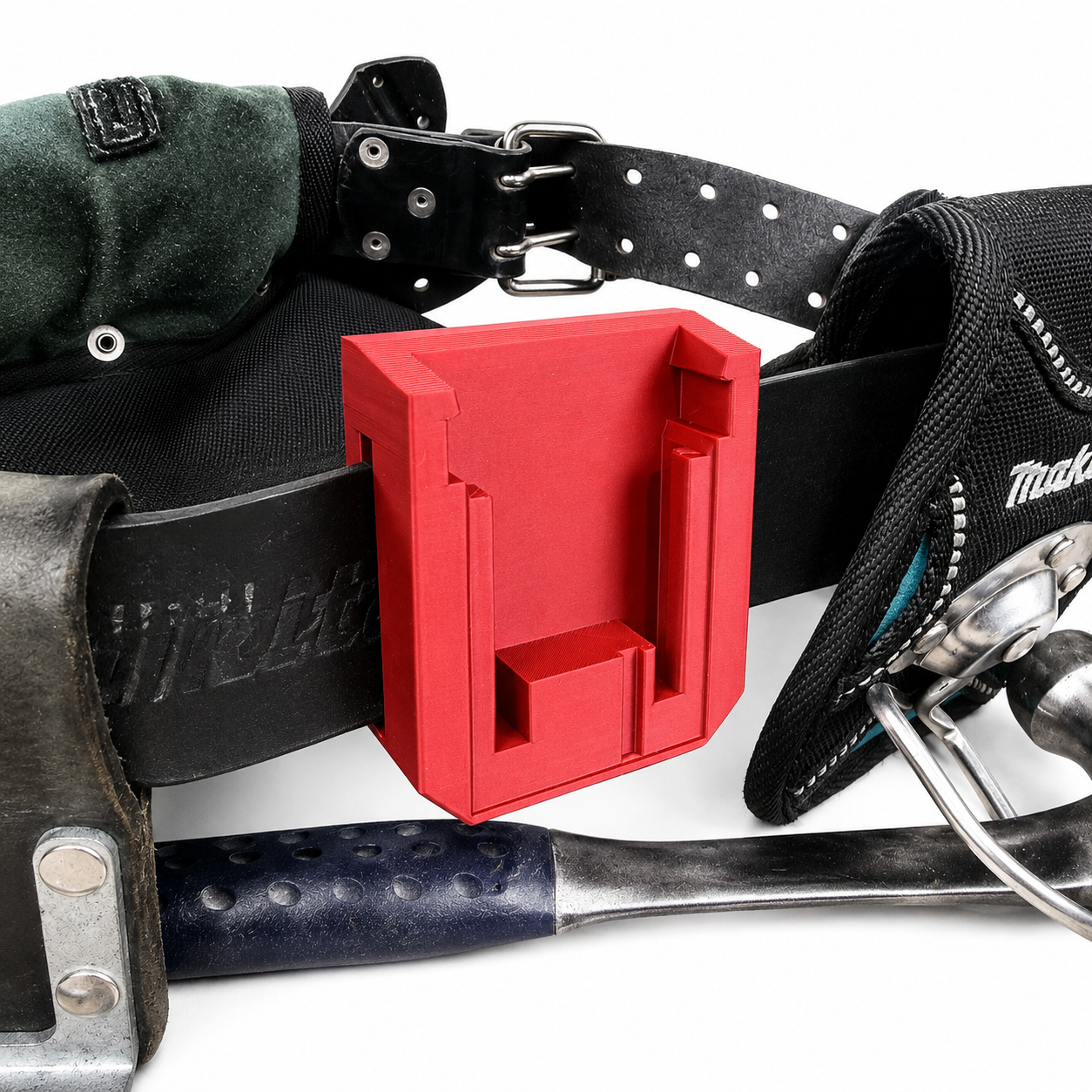 Red Milwaukee 18V battery holder on a black belt with tools around it, featuring a visible Makita logo.