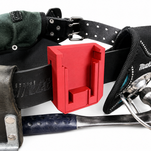 Red Milwaukee 18V battery holder on a black belt with tools around it, featuring a visible Makita logo.