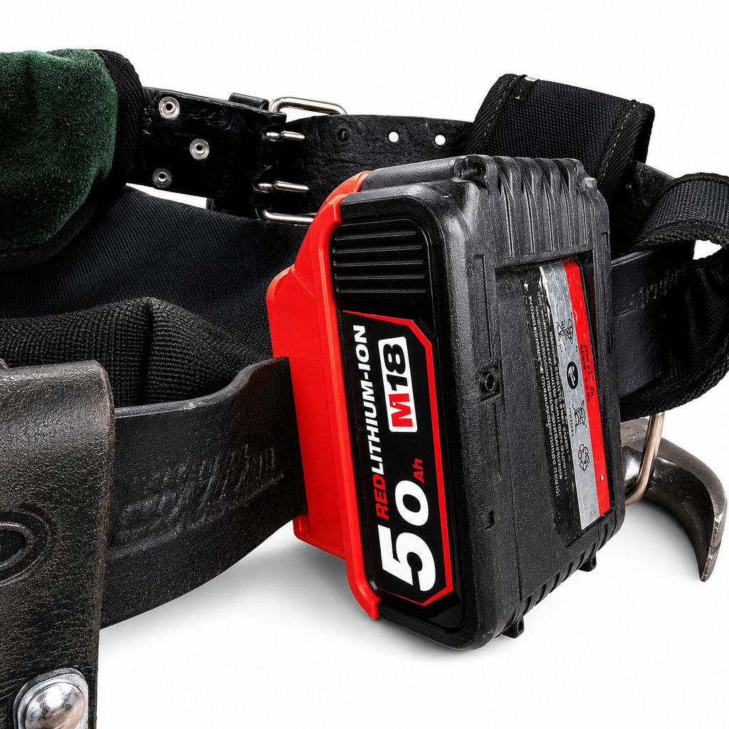 Black tool belt with a red and black Milwaukee battery pack on a white background