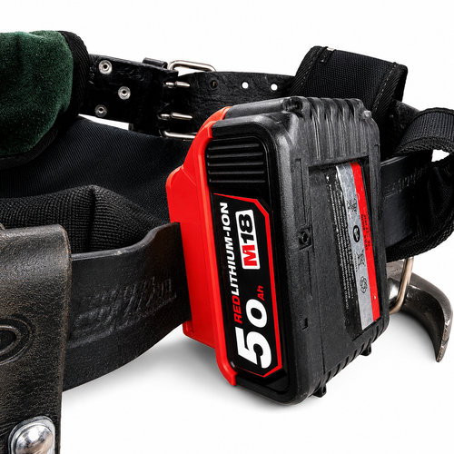 Black tool belt with a red and black Milwaukee battery pack on a white background
