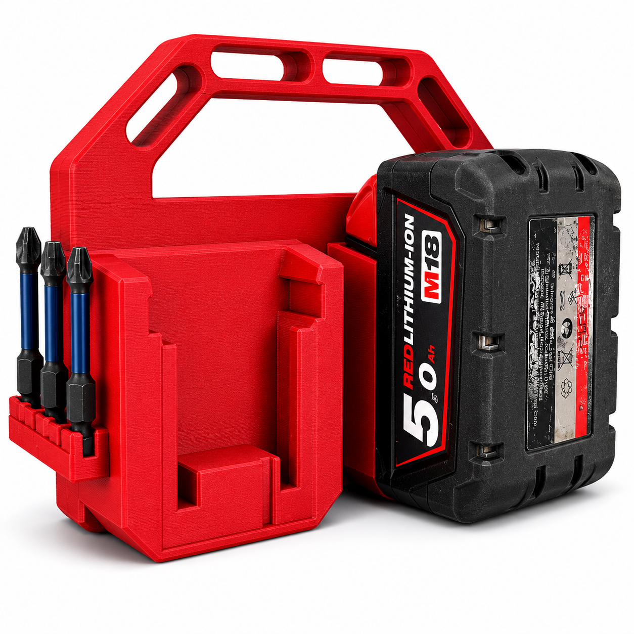 Red Milwaukee tool case with Milwaukee battery and drill bits on a white background