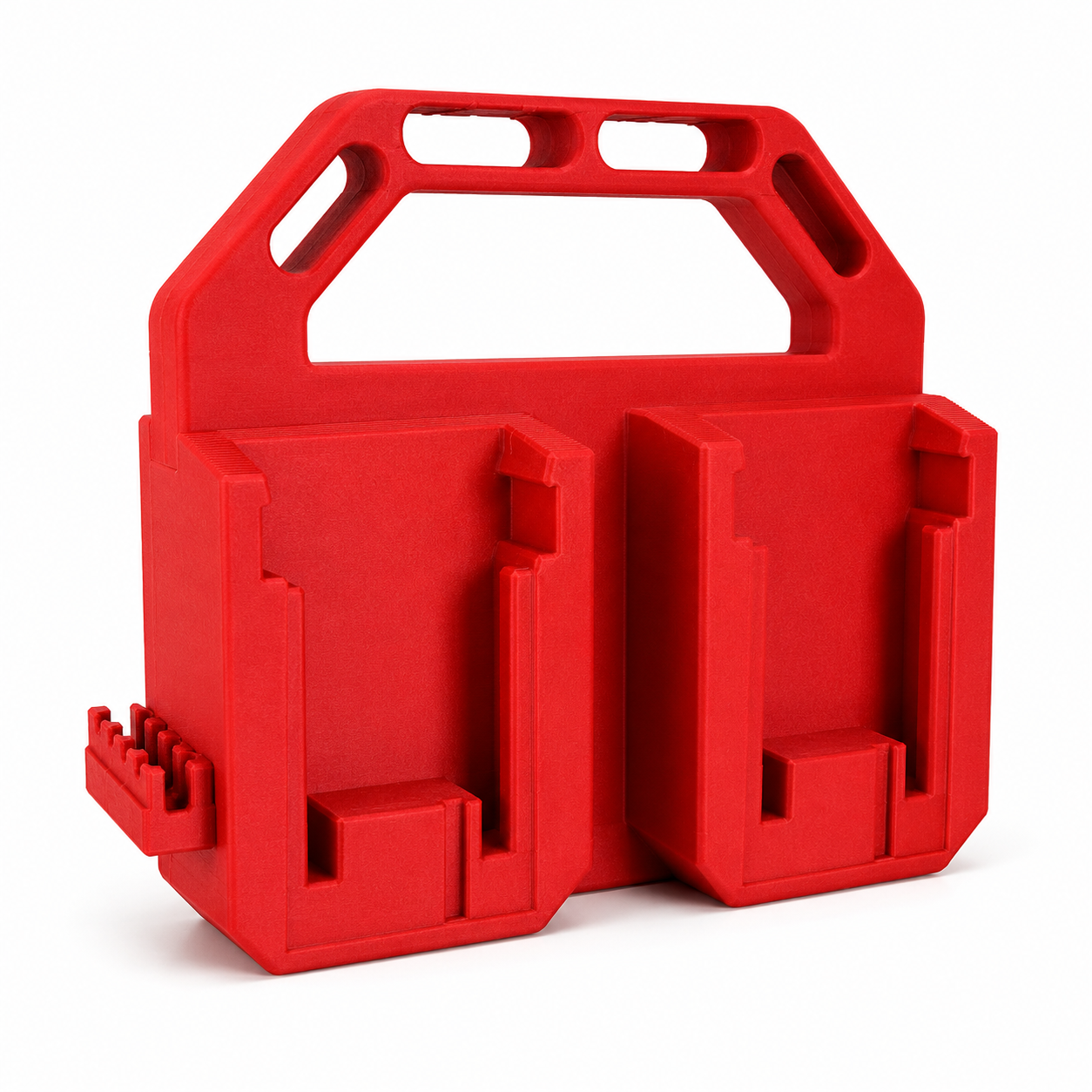 Red Milwaukee tool carrying case with multiple compartments on a white background
