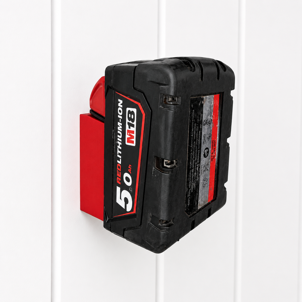Red lithium-ion Milwaukee battery pack on a white background M18