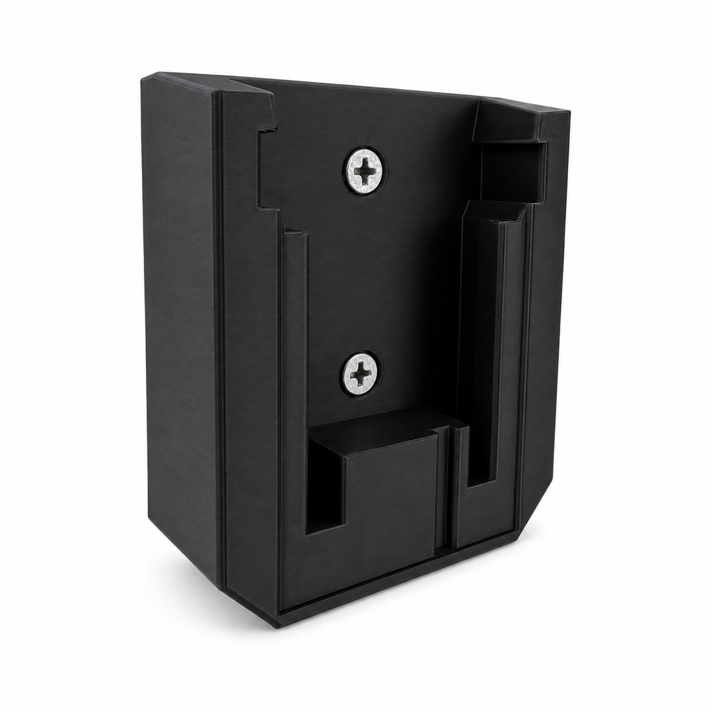 Black Milwaukee plastic wall mount bracket with screws on a white background