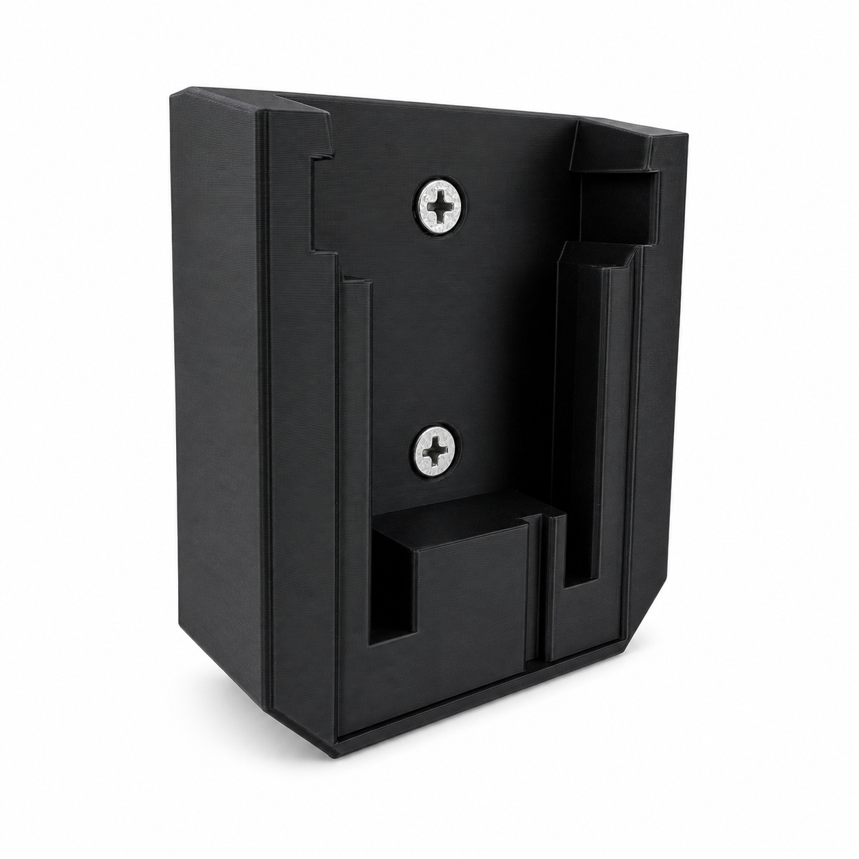 Black Milwaukee plastic wall mount bracket with screws on a white background