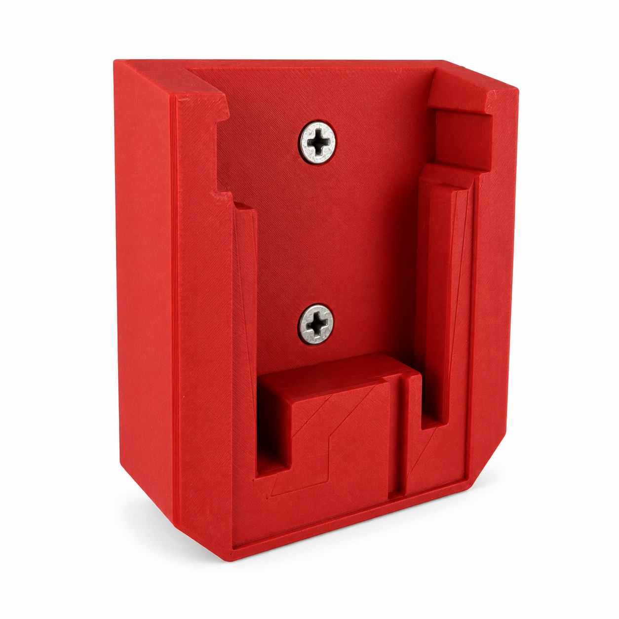 Red Milwaukee plastic wall mount bracket with screws on a white background