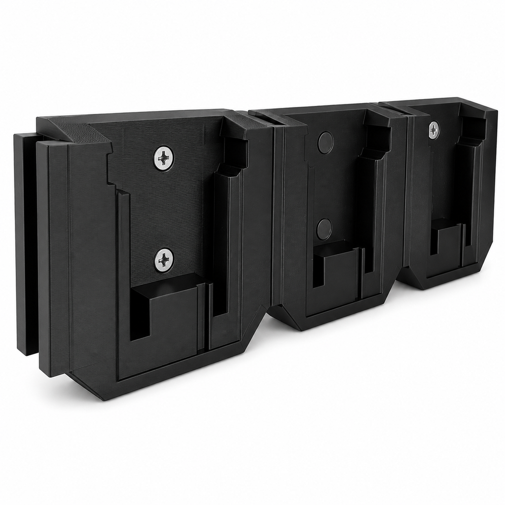 Black Milwaukee M18 battery brackets on a white background