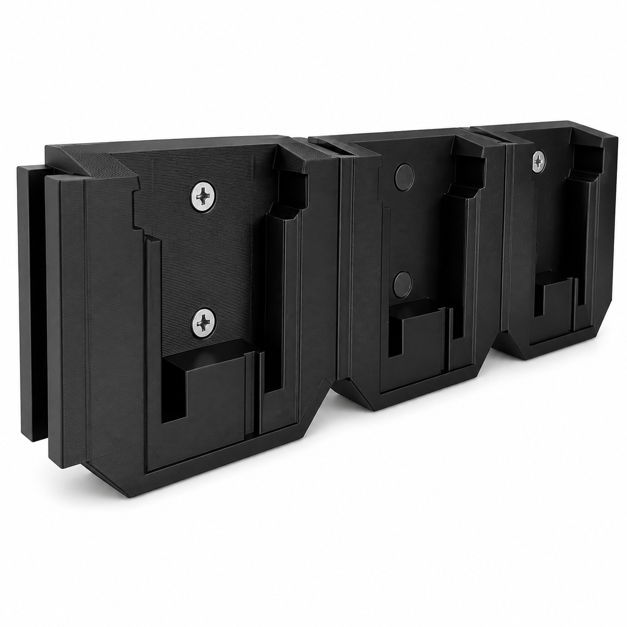 Black Milwaukee M18 battery brackets on a white background