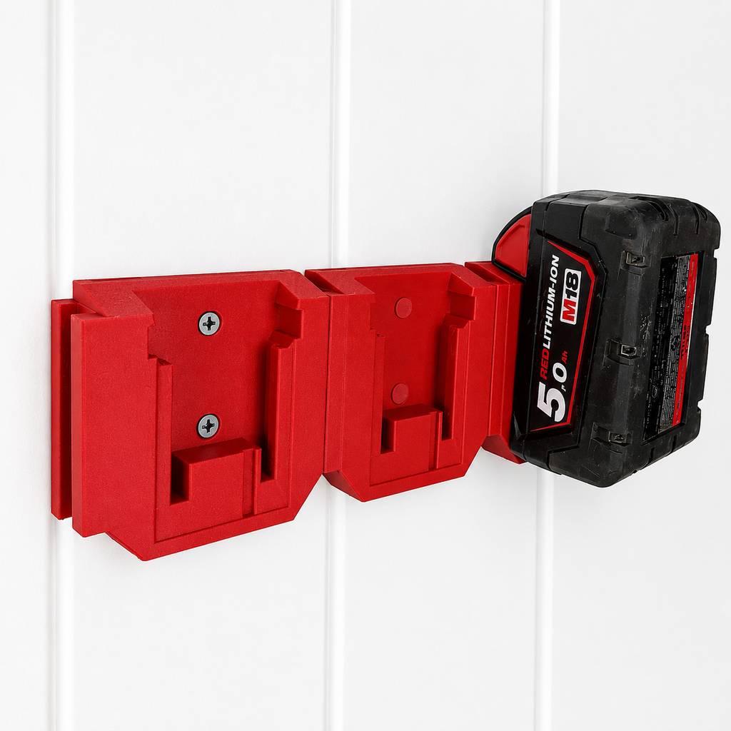 Red Milwaukee tool holder with a black and red M18 battery attached on a white background