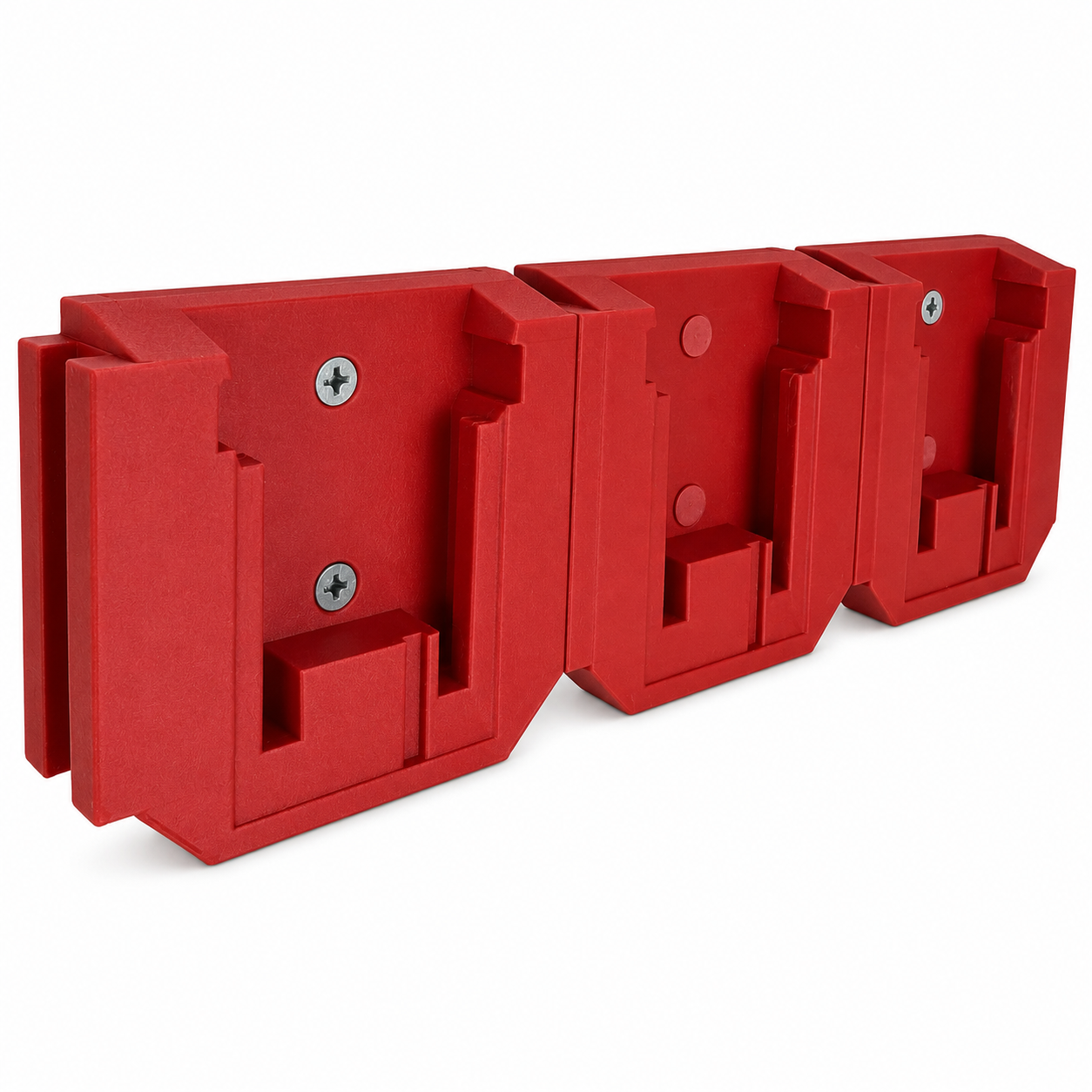 Red Milwaukee plastic tool holder with multiple M18 compartments on a white background