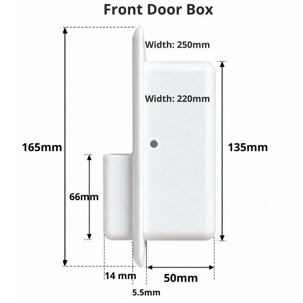Specifications of a white Mercedes Sprinter recessed storage box, front sliding door box from Barn House Studio