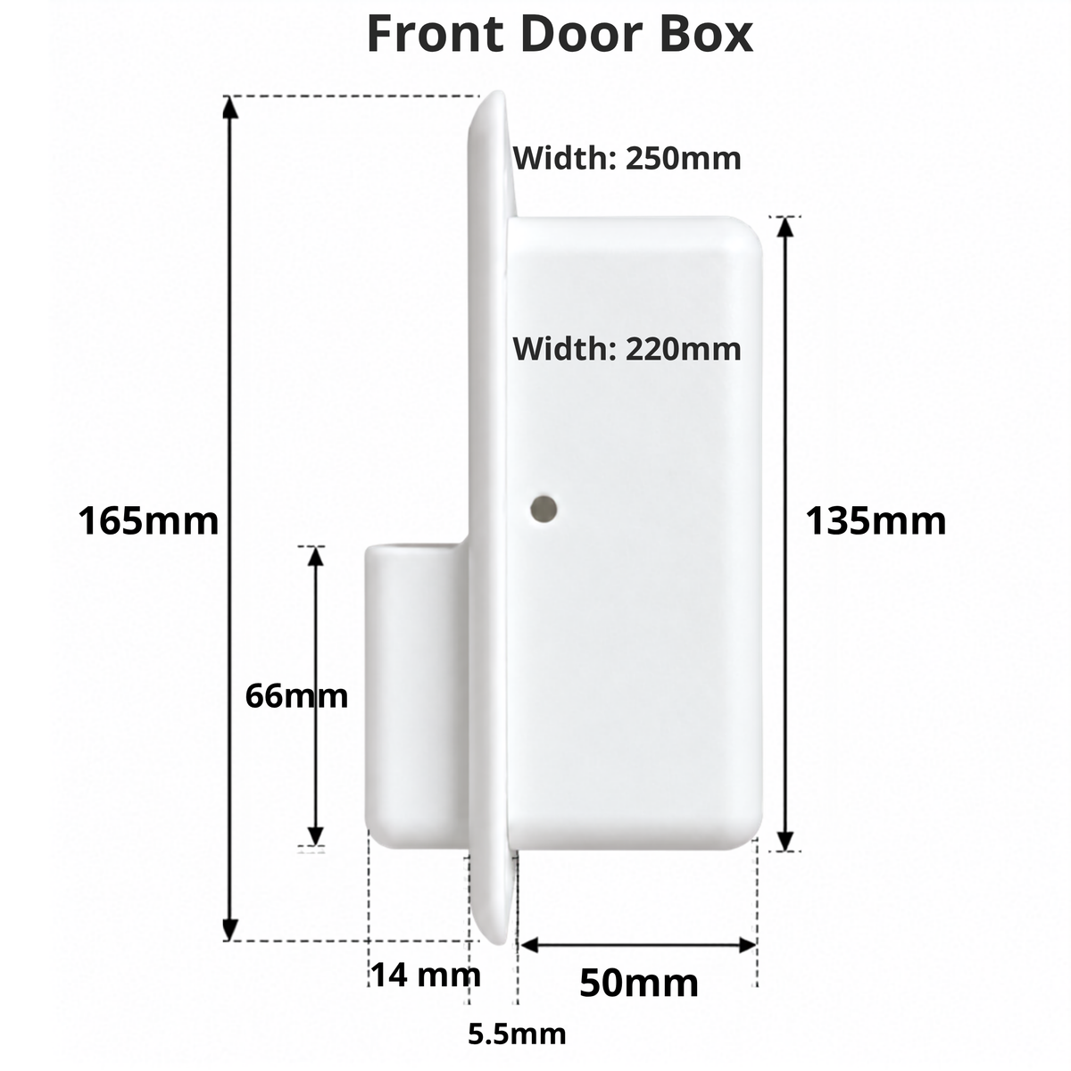 Specifications of a white Mercedes Sprinter recessed storage box, front sliding door box from Barn House Studio