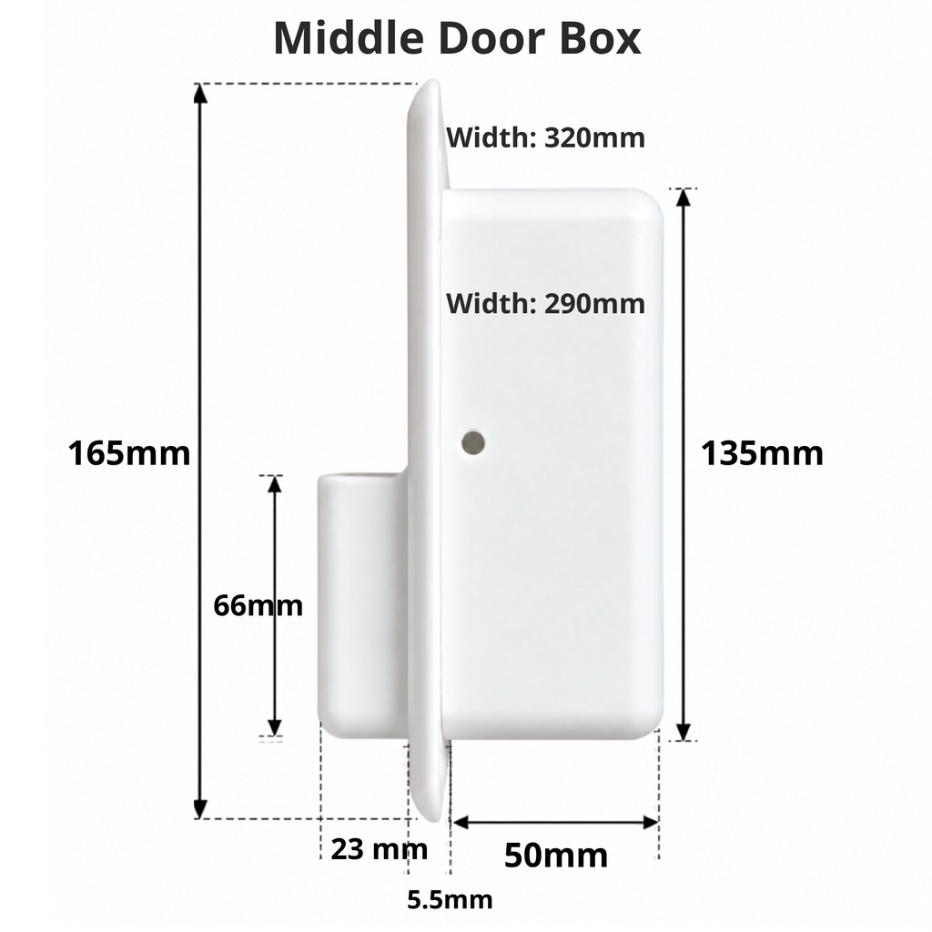 Specifications of a white Mercedes Sprinter recessed storage box, middle sliding door box from Barn House Studio