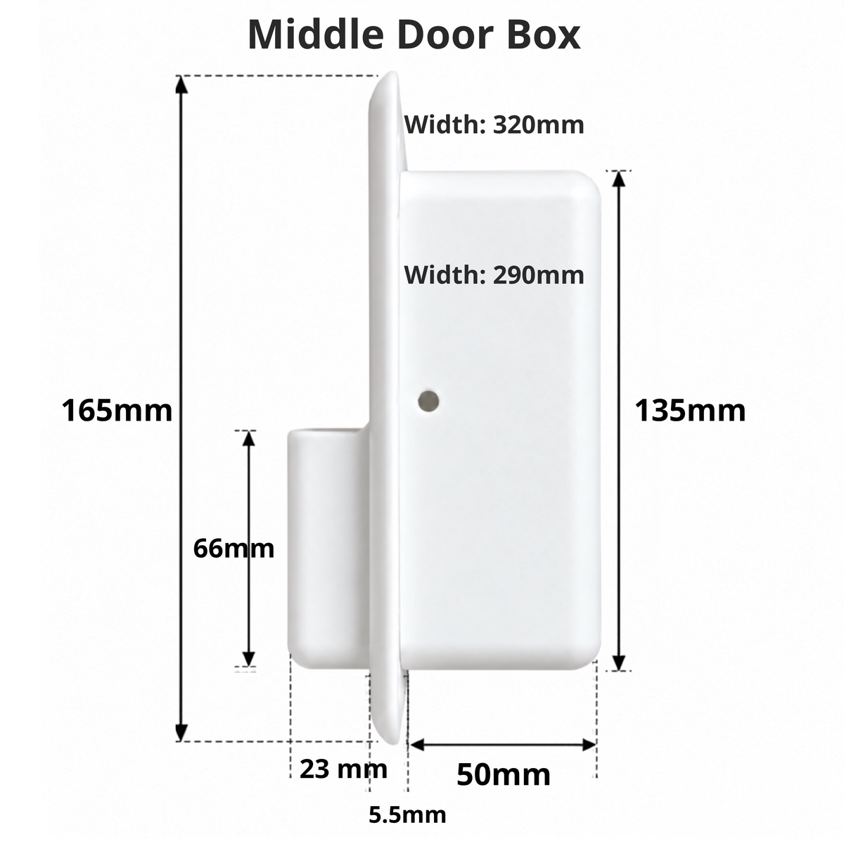 Specifications of a white Mercedes Sprinter recessed storage box, middle sliding door box from Barn House Studio