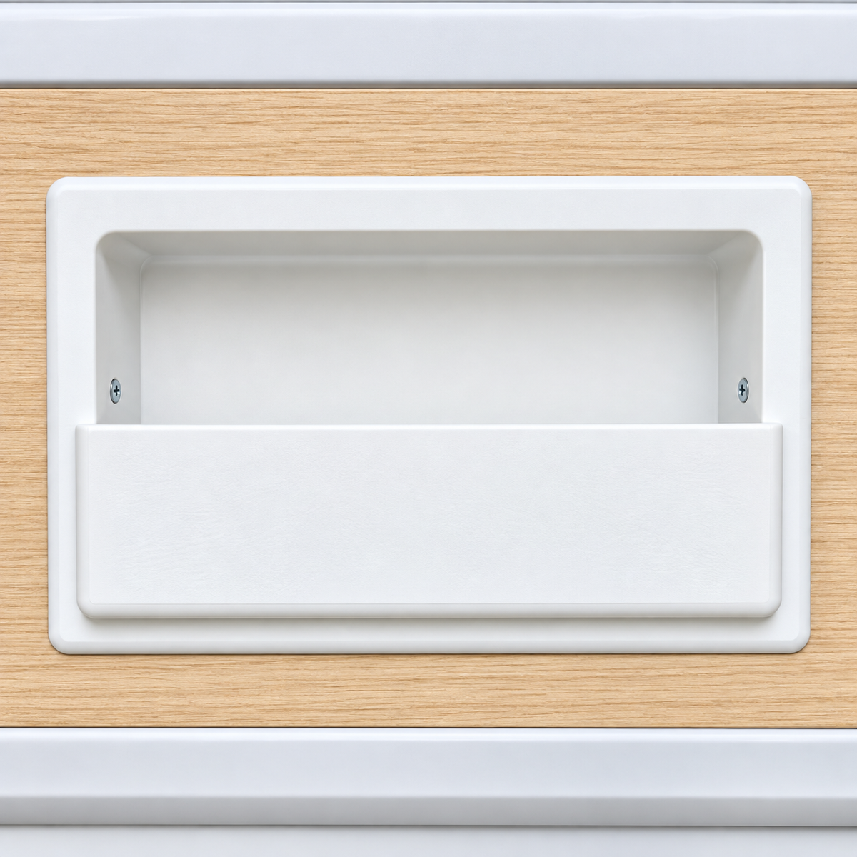 A white recessed Mercedes Sprinter Storage Box, mounted on a light wood grain  panel on the sliding door from Barn House Studio