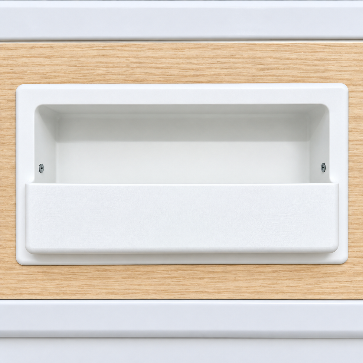 A white recessed Mercedes Sprinter Storage Box, mounted on a light wood grain  panel on the sliding door from Barn House Studio.