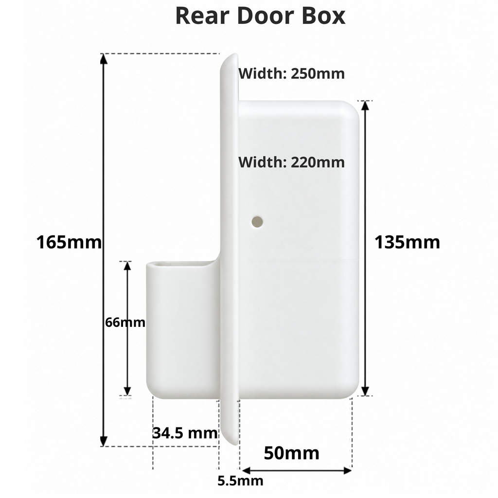 Specifications of a white Mercedes Sprinter recessed storage box, rear sliding door box from Barn House Studio