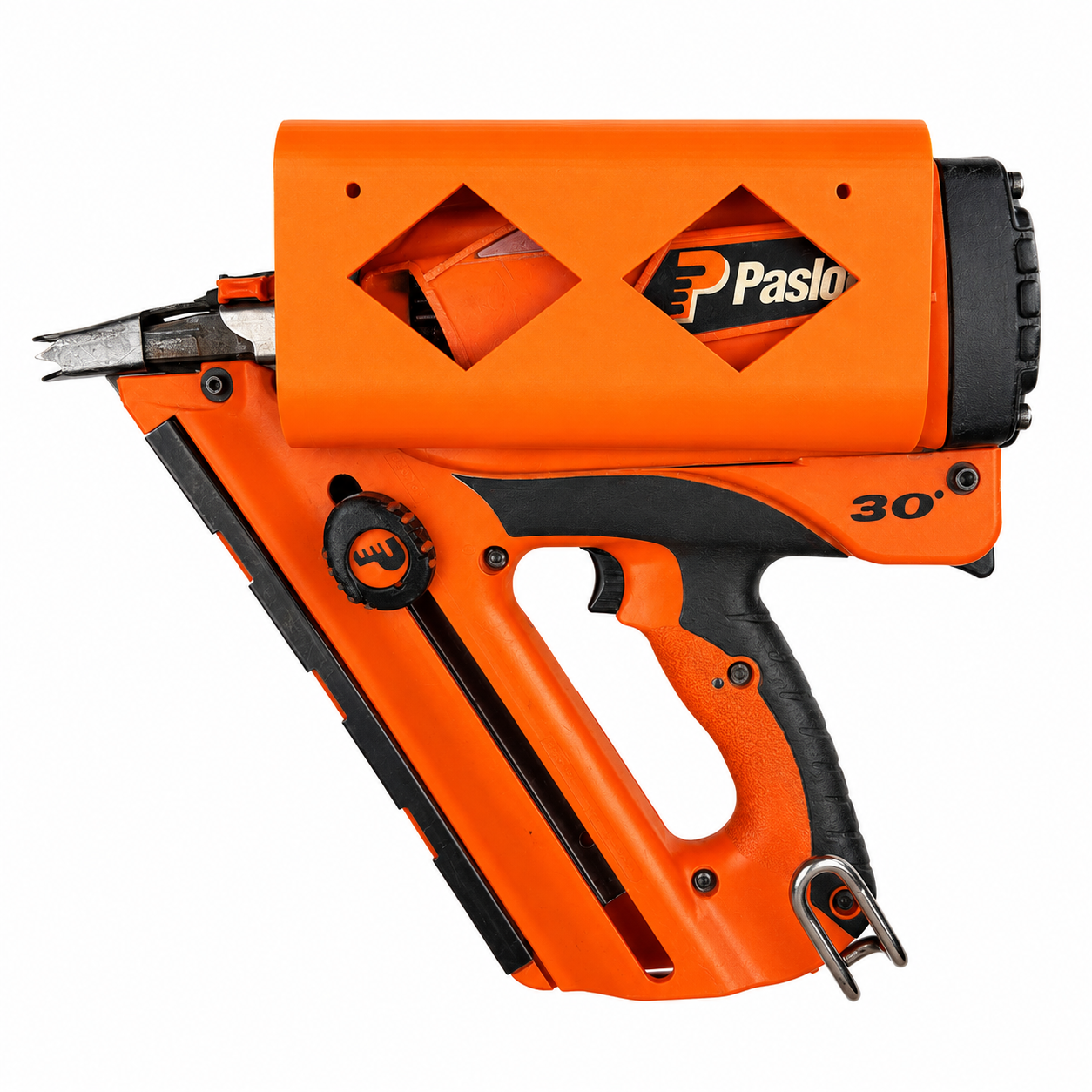Orange Paslode nail gun in a tool holster on a white background