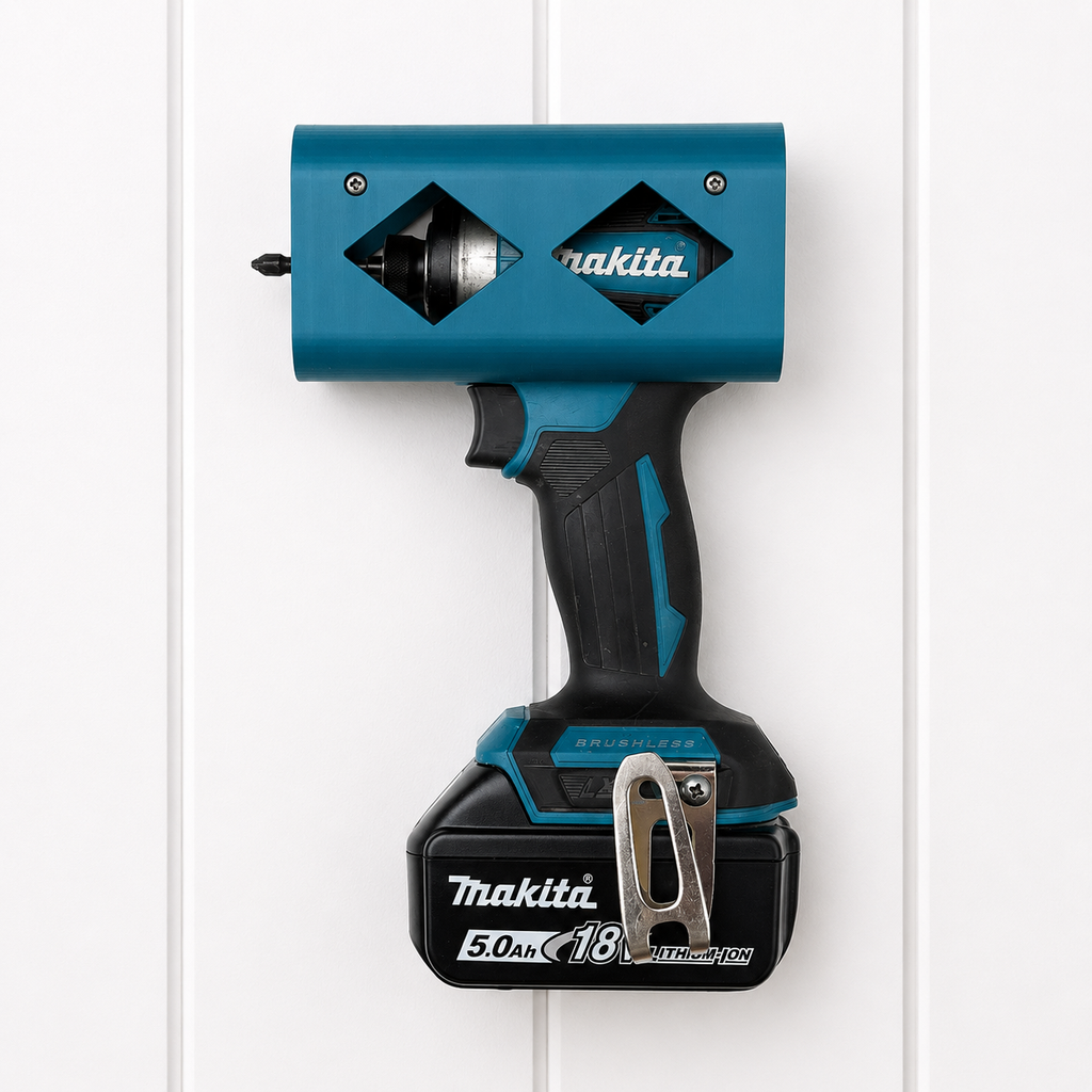 Makita cordless drill in a tool holster on a white wooden background