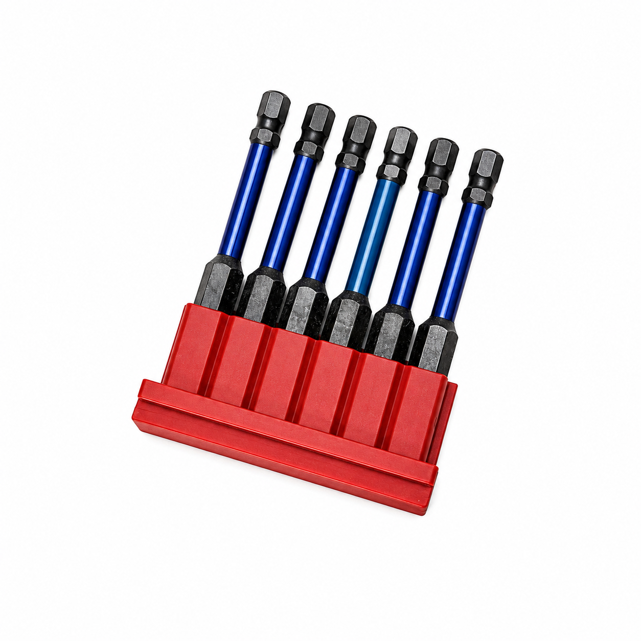 Set of six blue drill bits in a red bit holder on a white background