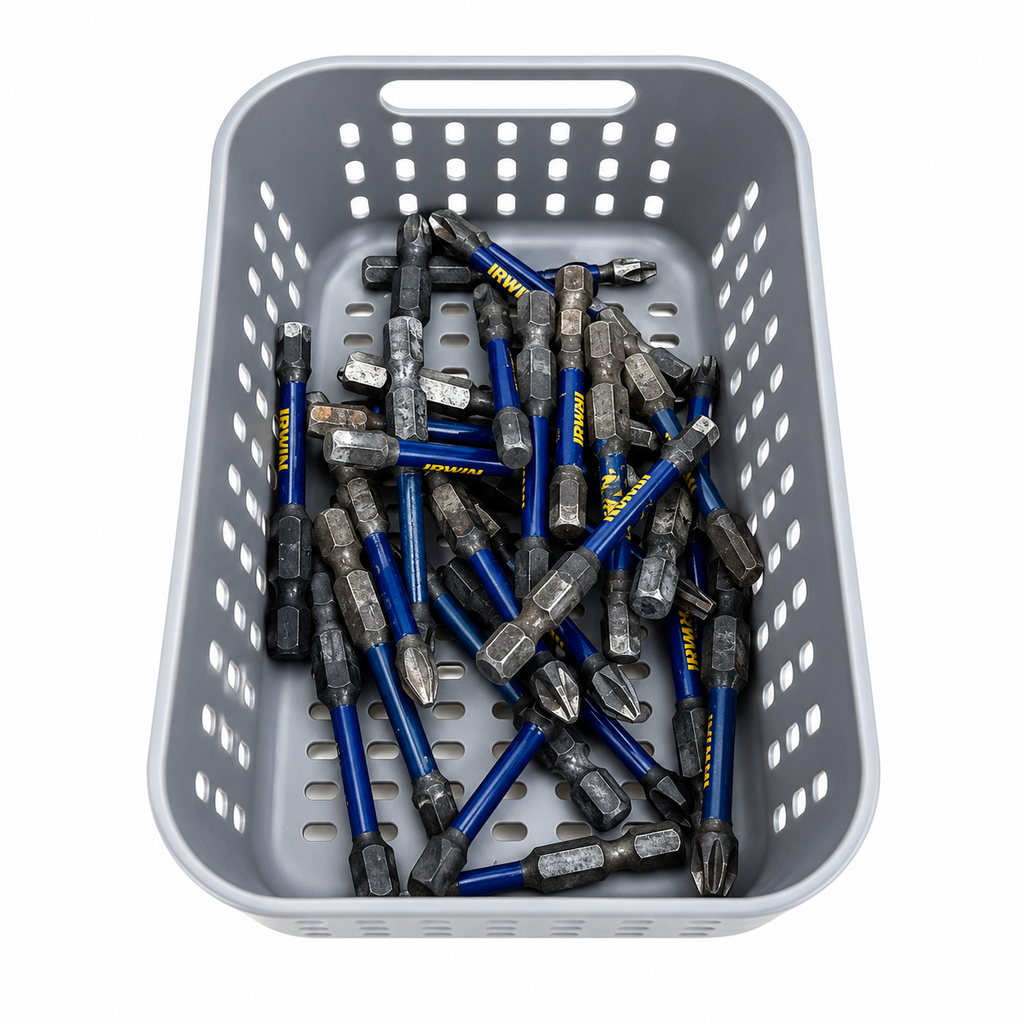 Basket filled with various drill bits on a white background